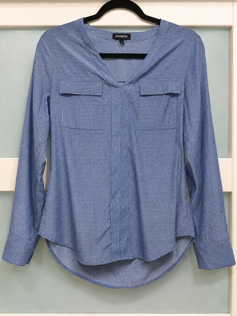 Express Blue & White Polka Dot Long Sleeve Blouse